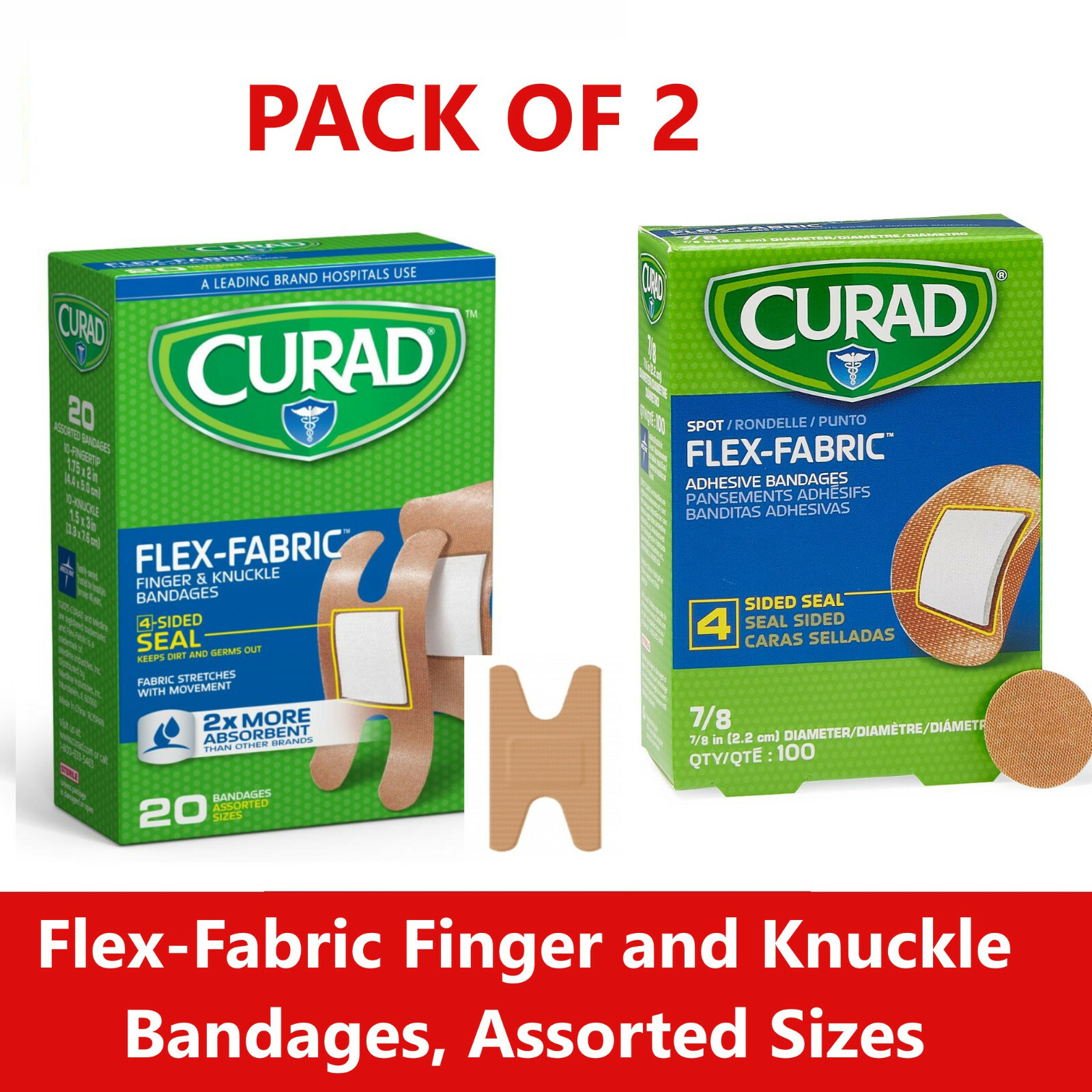 2 Pack CURAD Flex Fabric Finger Knuckle Bandages + Spot Bandages 4