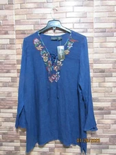 WOMEN'S JENNIFER LAUREN L/S PLUS SIZE TUNIC BLUE EMBROIDERED FLORAL 3X NWT
