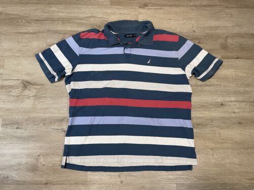 Nautica Polo Shirt Mens Sz 2XL Blue Red White Striped Casual Short Sleeve Adult - Picture 1 of 9