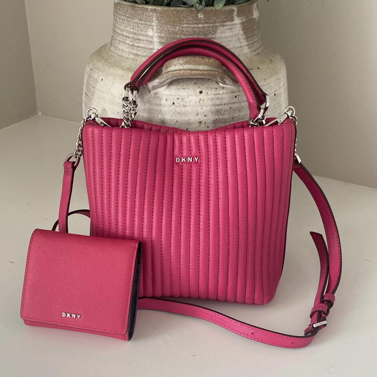 DKNY Lipstick Pink Quilted Lamb Leather Small Satchel &