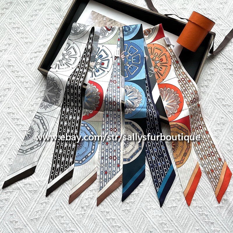 Sallys 100% Silk Scarf Ribbon Geometric Print Slim Bag Head Band Neck Tie 85x5cm