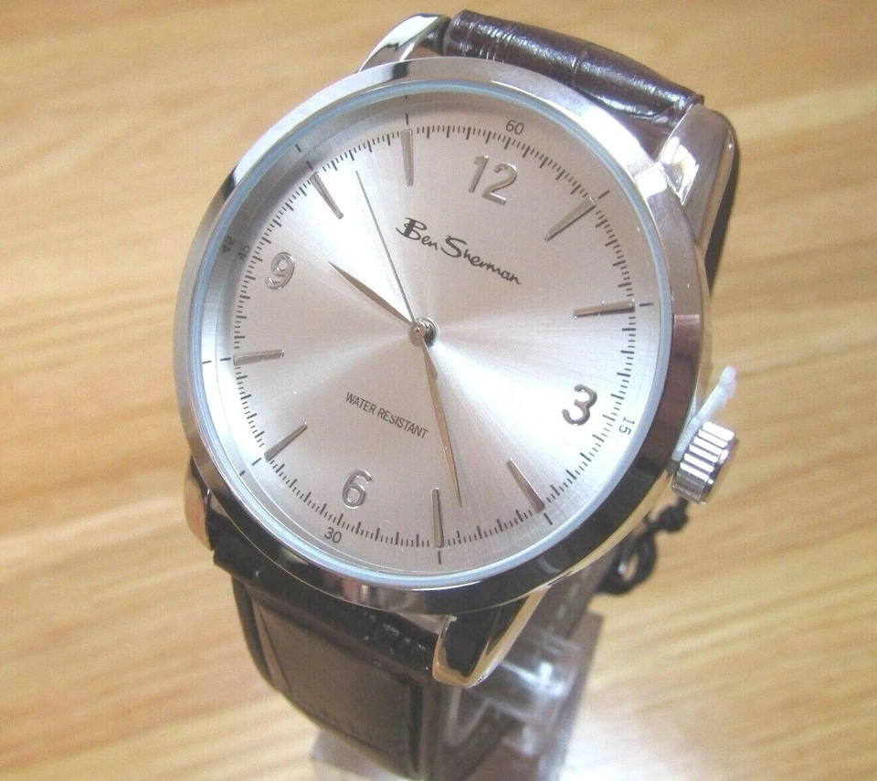RELOJ PARA HOMBRES BEN SHERMAN ESFERA PLATEADA REDONDA CORREA DE CUERO SINTÉTICO COCODRILO MARRÓN BS116 Foto 2 de 4