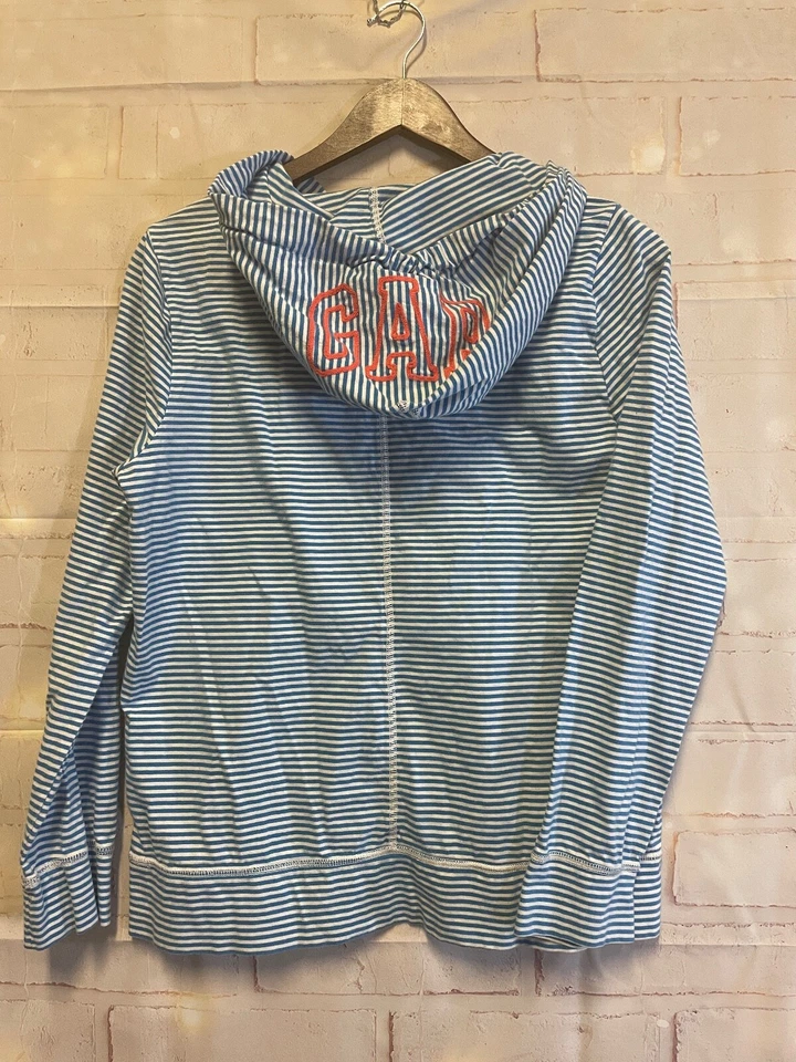 GAP Drawstring Hoodie, '1969' Beach Blue White Stripe, Pocket, Women's Medium - Image 3 of 4