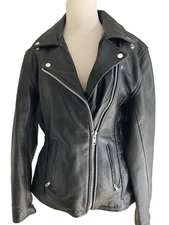 Women's Black Leather motorcycle Jacket braided studs  asymmetric zip m-l