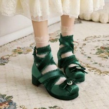 Women Mary Jane Cosplay Block Chunky Heel Buckle Strap Party Bowknot Pumps Shoes