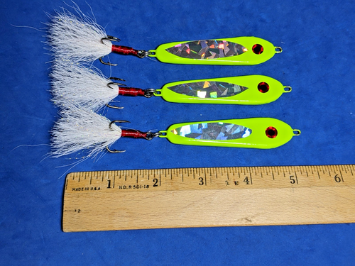 3 - 2 oz Slab Lead Fishing Casting Spoons Lures chartreuse holograph - Picture 6 of 6