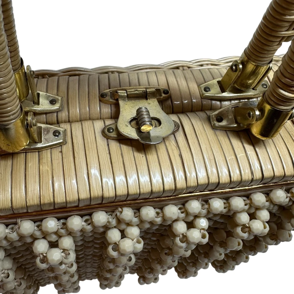 Винтажный MCM 1950-х бисером натуральный соломы коробка сумка Гонконг Дамская сумка - Изображение 3 из 4