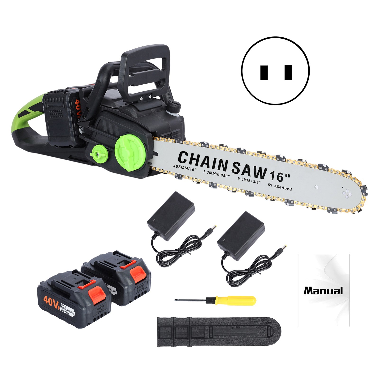 2 Battery 16in Brushless Chainsaw for Home Logging Easy Cut 1800W Power