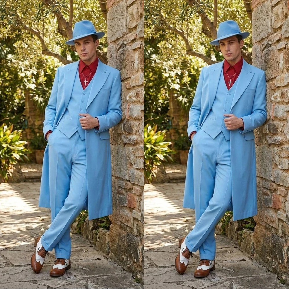 British Blue Men's Zoot Suits Formal Wedding Tuxedo Party Prom Long Coat Pant