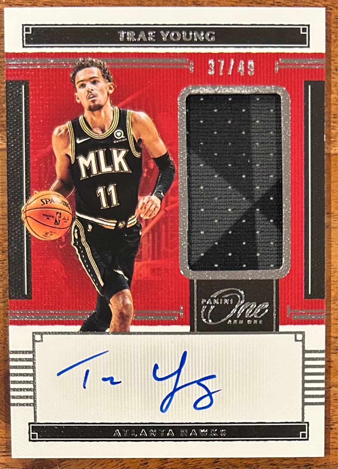 2020-21 Panini One & One Trae Young Auto #37/49 Game Worn Patch Jersey #JA-TRY