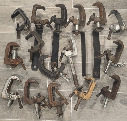 Lot of 16 Vintage Misc. Cast Iron Stage Lighting C-Clamps Pipe Clamps Theatre