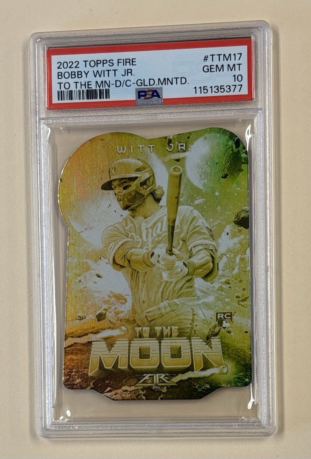 2022 Topps Fire Bobby Witt Jr. To The Moon Gold Minted Die-Cut PSA 10 Rookie RC
