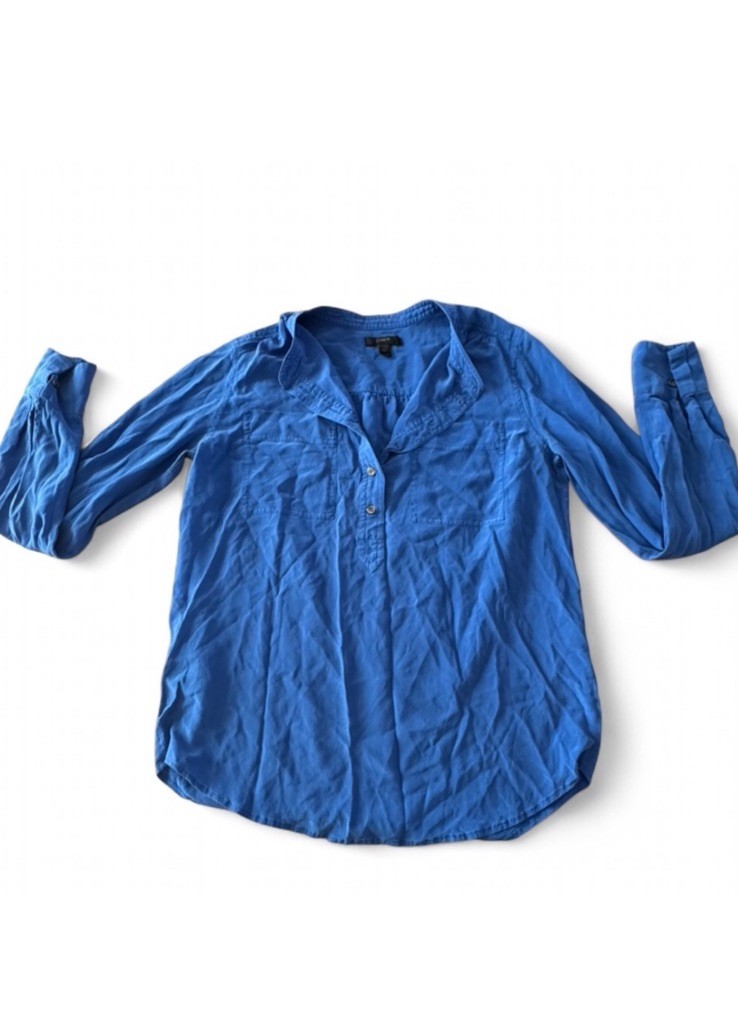 J.Crew Women’s  Blue 100% Silk Collared Long Sleeve Casual Shirt Size S E9516
