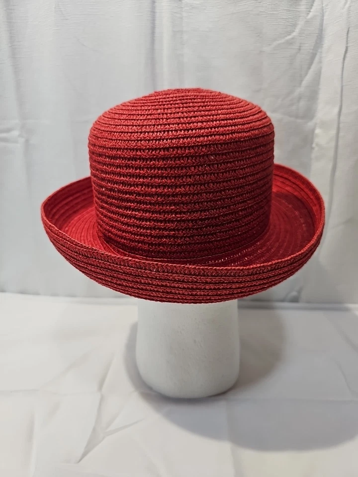 Sombrero de paja de rafia rojo rosa años 90 ala enrollada Cloche de colección, 100 % papel NR#110280 Foto 3 de 4