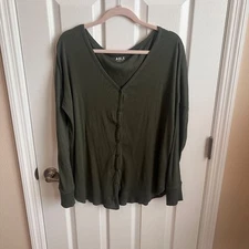 ABLE Julia Anywhere Top Olive Green Ribbed Button-Down Long Sleeve Top - Size S