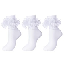 Women Big Ruffle Socks Double Lace Turn Cuff White, 3 Pairs 