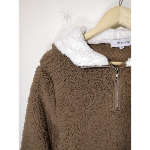 Luna Tuccini Brown Sherpa Fleece Fill Zip Hooded Sweater Jacket Size 10 - Picture 2 of 7