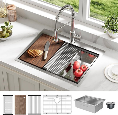 #ad 25X22X9 Inch Drop in Kitchen Sink Single Bowl Stainless Steel with Accessories $125.99