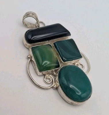 Large Boho Pendant Silver Plated Green Agate Onyx Gemstone Statement Jewellery - Image 1 of 4