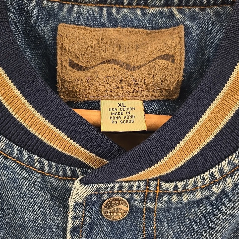 Chaqueta Universitaria de Bombardero Port Authority Vintage Años 90 Para Hombre XL Azul/Tostado Denim Forrada Foto 4 de 4