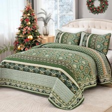 Quilt Set Fall Boho Vintage Bedspreads Bedding Set, Queen Olive Green
