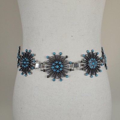 Silver Chain Starburst Belt Turquoise Medallion Western Boho 