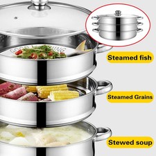 28cm 3 Tier Steam Cooker Steamer Pan Cook Food Veg Pot Stainless Steel