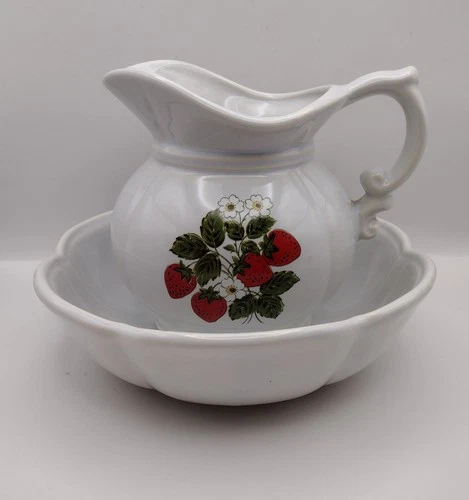 Vintage McCoy Pottery Strawberry Small Pitcher & Basin Bowl Periwinkle Glaze USA