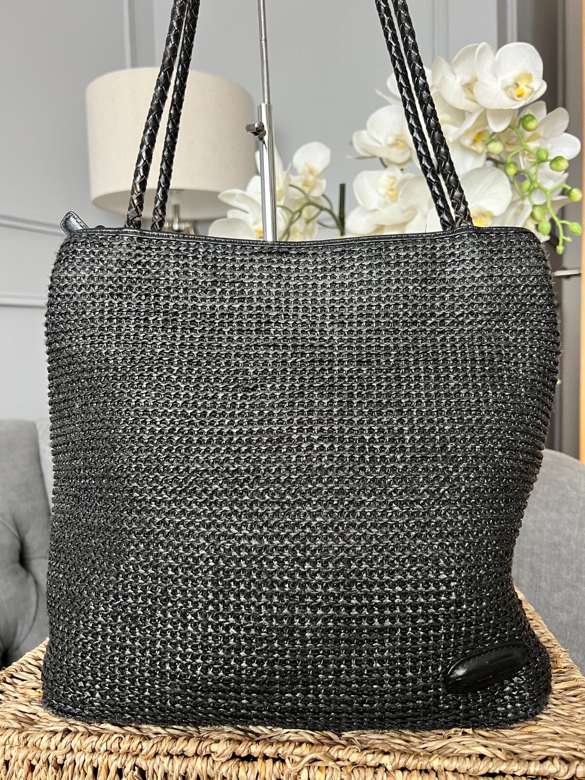 Vintage Tula Straw & Leather Trim Black Shoulder Bag Tote eBay