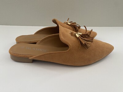 MUSSHOE Women's Size 8 Tan Tassel Slip On Pointed Toe Fabric Slip On Shoe Mules