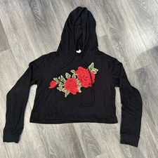 Dirtee Laundry XL Black Cropped Hoodie With Rose Appliqué