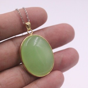 Authentic Yellow Gold-Plated Handmade Light Green Jade Big Round Pendant 40*25MM