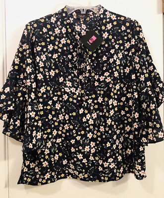RAVE Black Floral Blouse Pullover  3/4 Sleeve Tie Front Women's 12 NEW