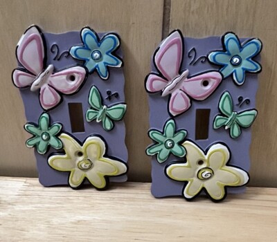 Borders Unlimited Butterflies with Flowers Purple Ceramic Light Switch Covers