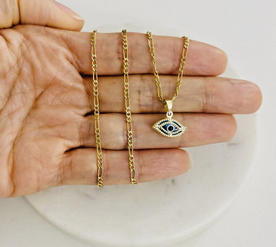 14K Solid Yellow Gold Blue Evil Eye Pendant Necklace- 20'' Figaro Chain - PT1717
