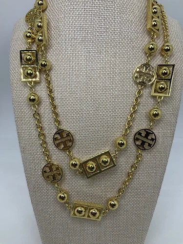 Tory Burch Gold Tone Double T Logo Station Bead Long Wrap Necklace 36"