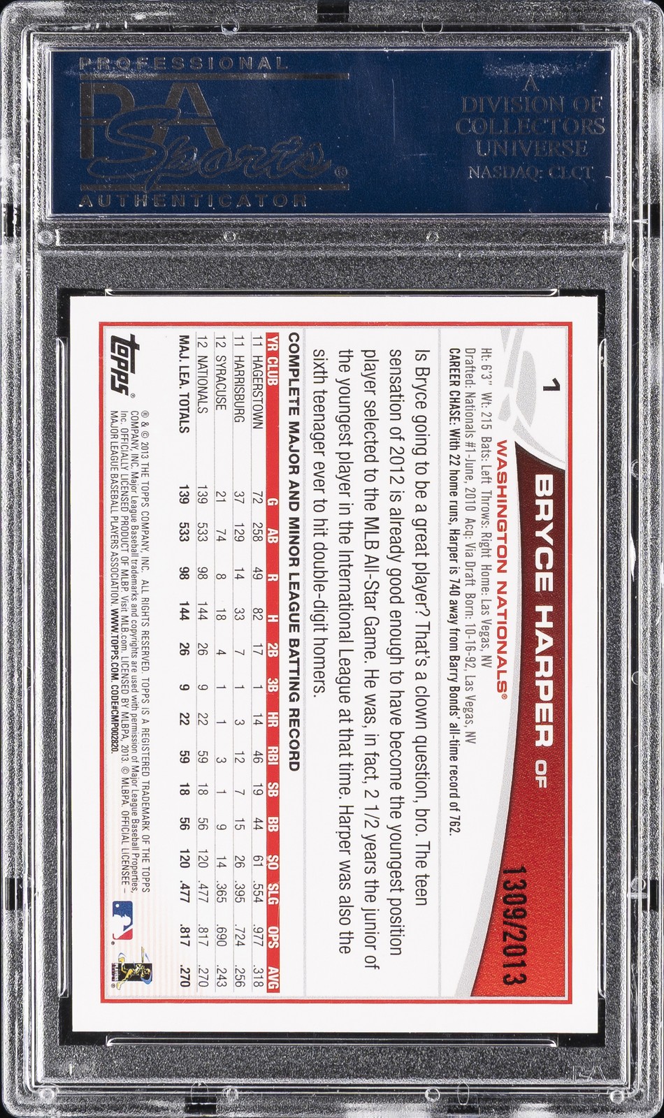 2013 TOPPS LOOKING LEFT-GOLD #1 BRYCE HARPER #/2013 PSA 10 view 2