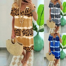 Womens Leopard Casual Boho Summer Dress Ladies Tie Dye Print Loose Sun Dresses