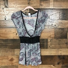 Windsor Womens Paisley Floral Smocked Empire Waist Tunic Top Purple Teal Medium