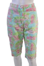 Lilly Pulitzer Unisex Bermuda Shorts Light Blue Graphic Cotton Button Size 6