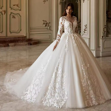 Ball Gown Wedding Dress Customized Elegant Long Sleeves Deep V Neck Applique
