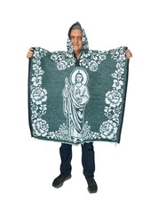MEXICAN PONCHO WITH HOOD, SAN JUDAS , SAINT JUDE , BLANKET, ONE SIZE, GREEN