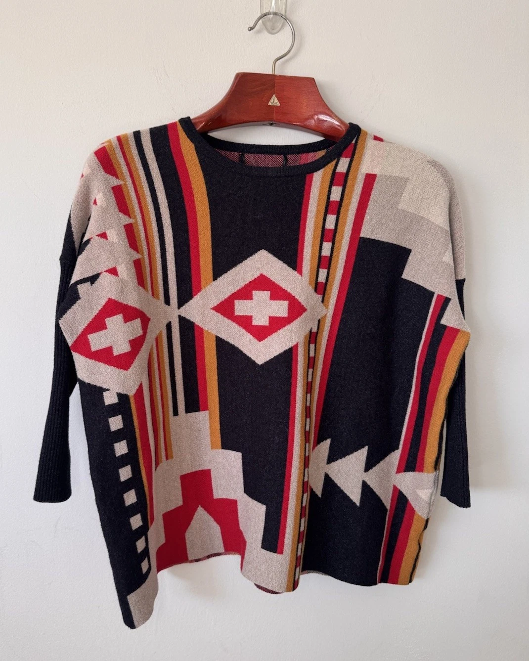 Joseph A. Multicolor Aztec Tribal Boho Knit Poncho Sweater Southwestern Sz L
