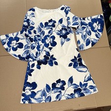 Eliza J Womens Blue White Floral Print 3/4 Length Bell Sleeve Shift Dress Size S