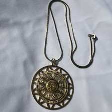 Vintage Style Zodiac Gold Tone Round Astrology Pendant Chain Costume Necklace