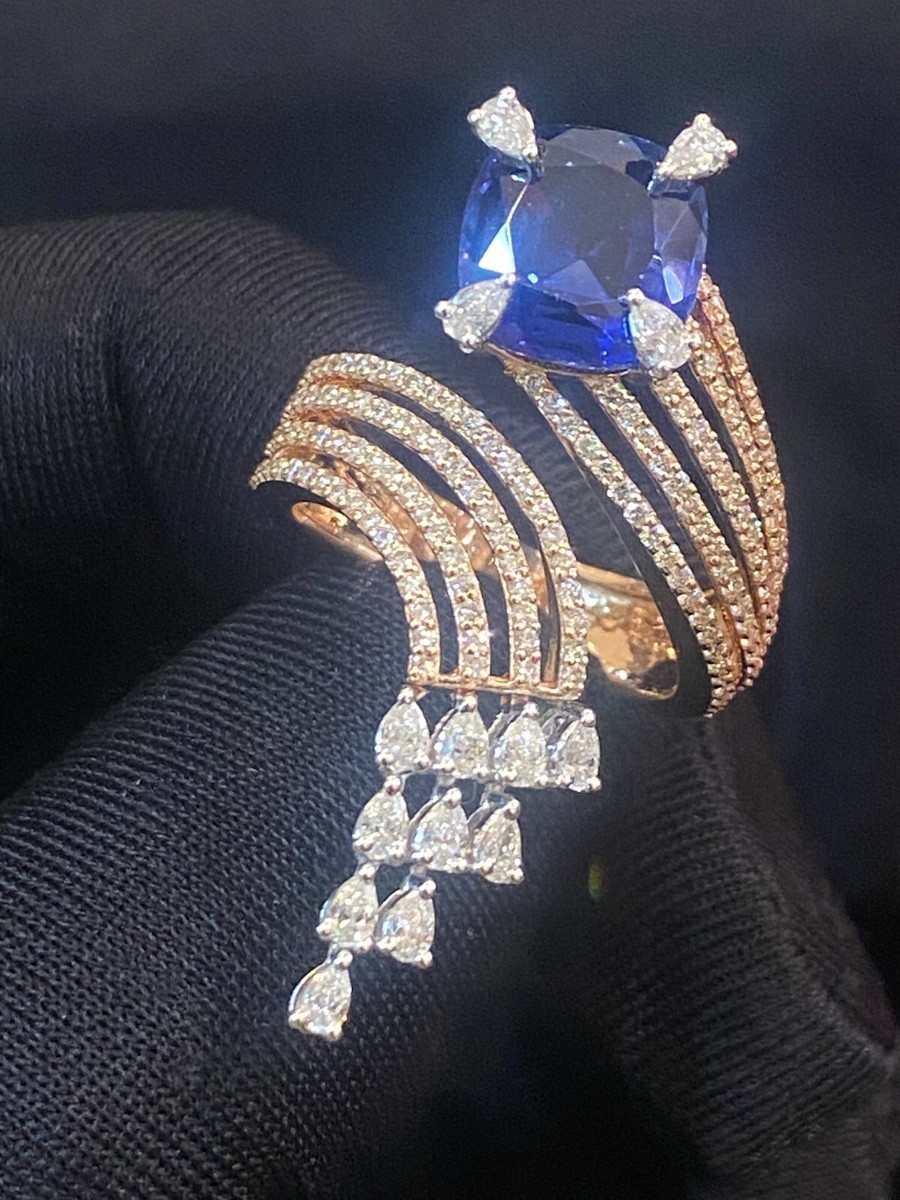 Pave Cts Pear Round Shape Diamonds Blue Sapphire Cocktail