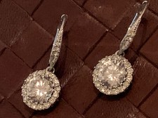 Silver Plated Round CZ Halo Leverback Dangle Earrings