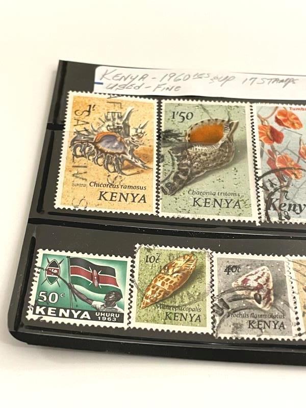 Lot of 17 Used Fine Kenyan Stamps 1960s and Up Gemstones Shells Flowers