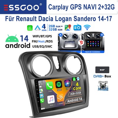 Für Renault Dacia Logan 2 Sandero Carplay Autoradio Android14 GPS Navi 2+32G DAB