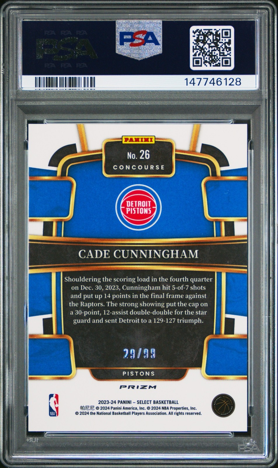 2023 Select Cade Cunningham Purple Cracked Ice Prizm /99 PSA 9 Detroit Pistons view 2